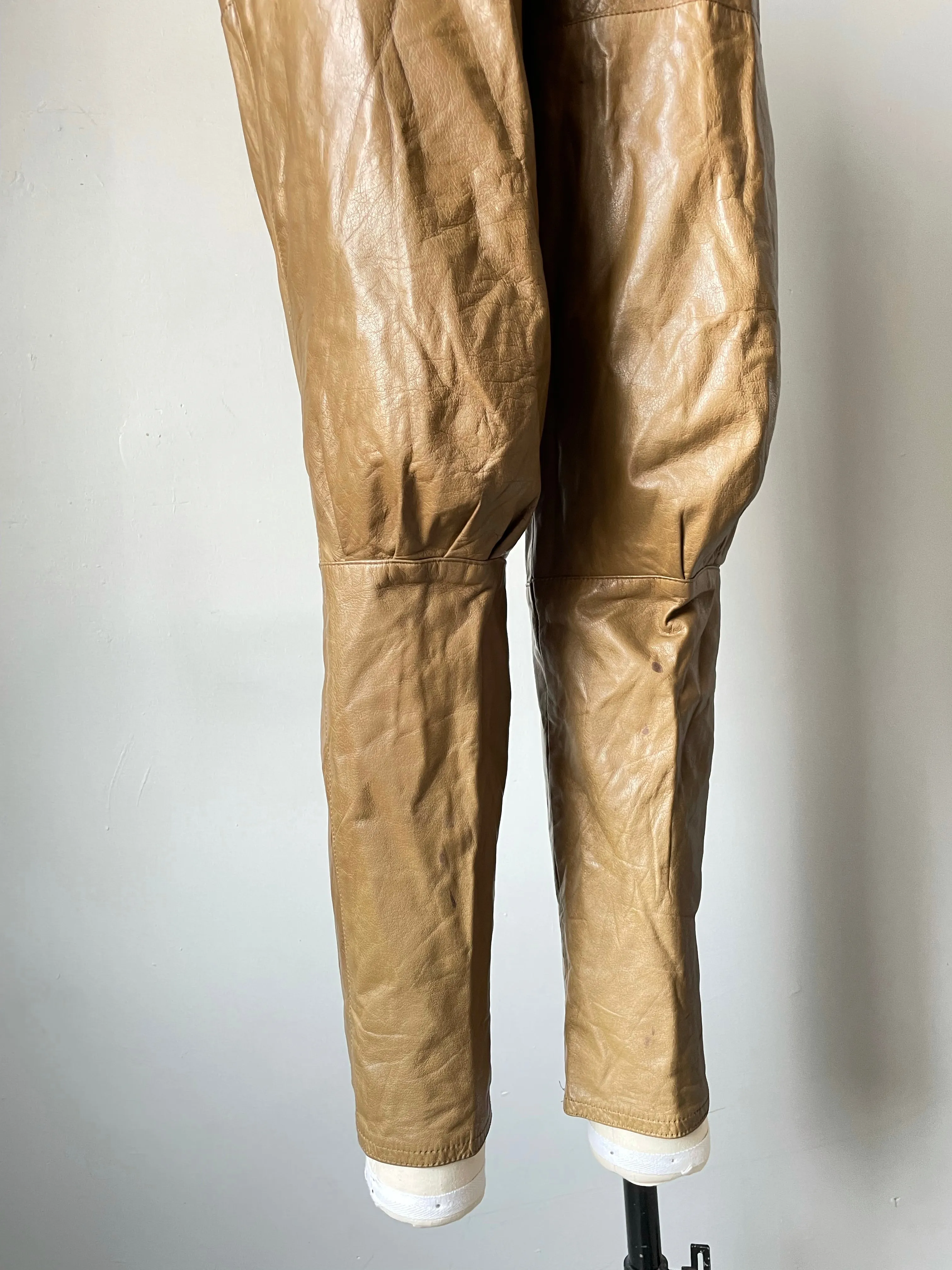 1980s Leather Pants Taupe High Waist S