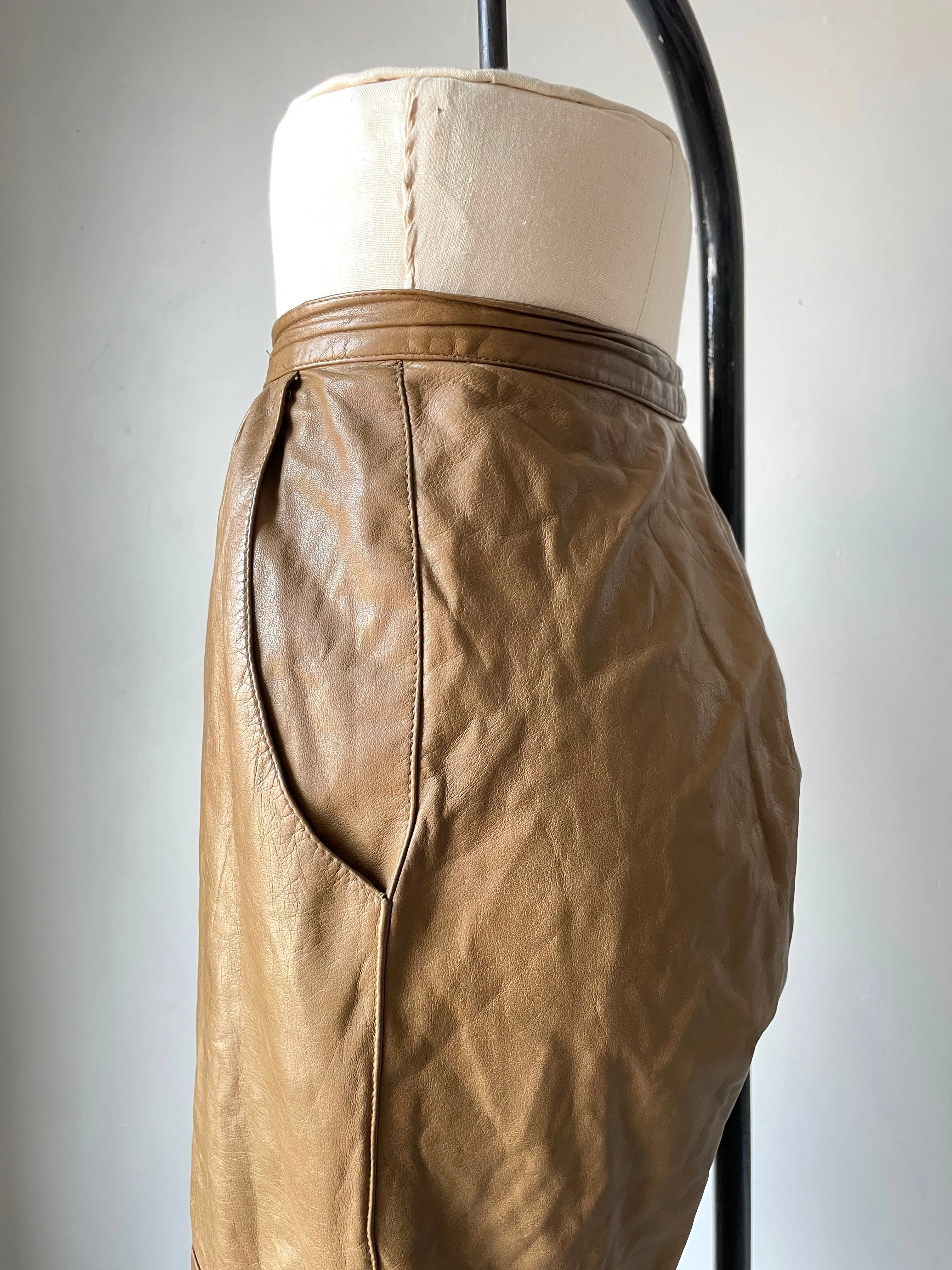 1980s Leather Pants Taupe High Waist S
