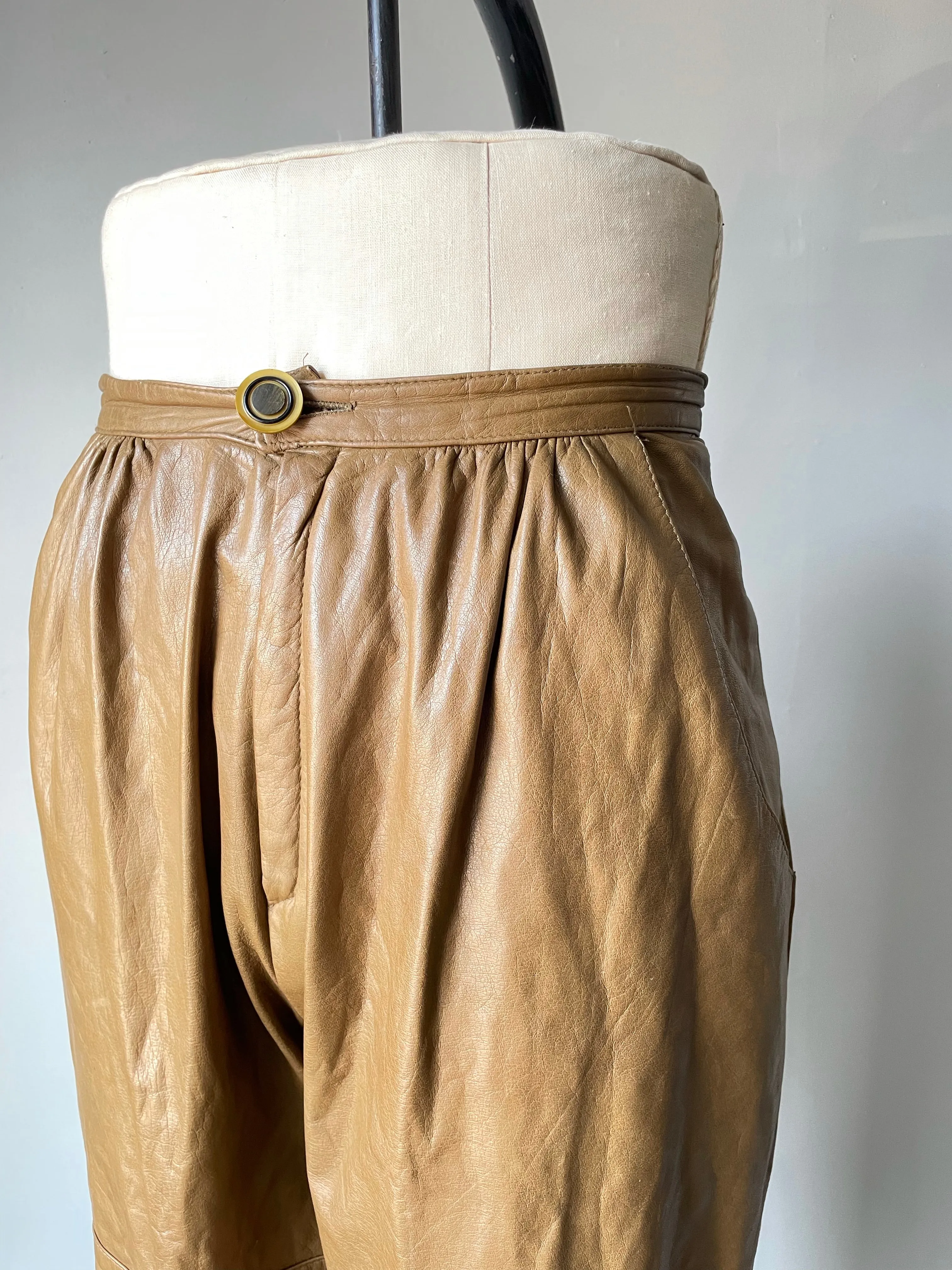 1980s Leather Pants Taupe High Waist S