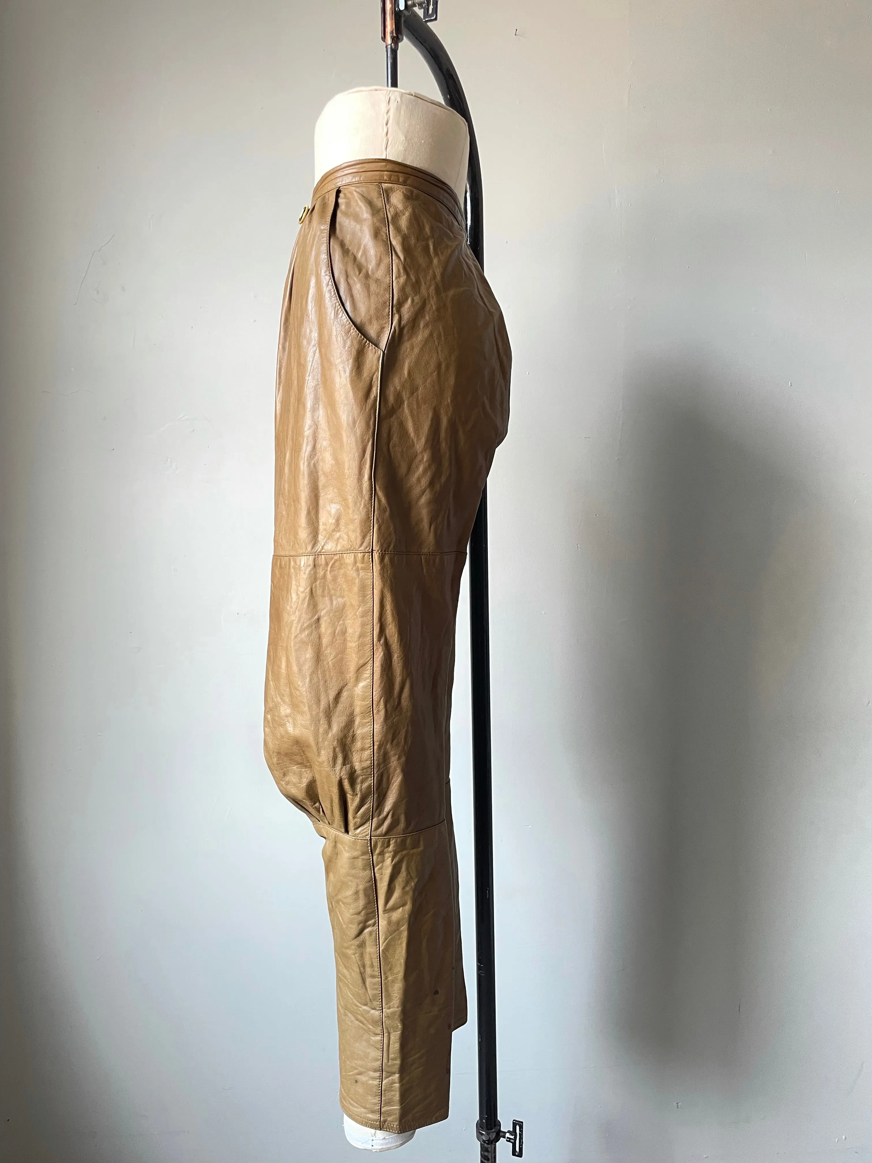 1980s Leather Pants Taupe High Waist S
