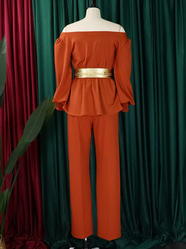 2Pcs Pleated Boat Neck Top & Loose Long Pants