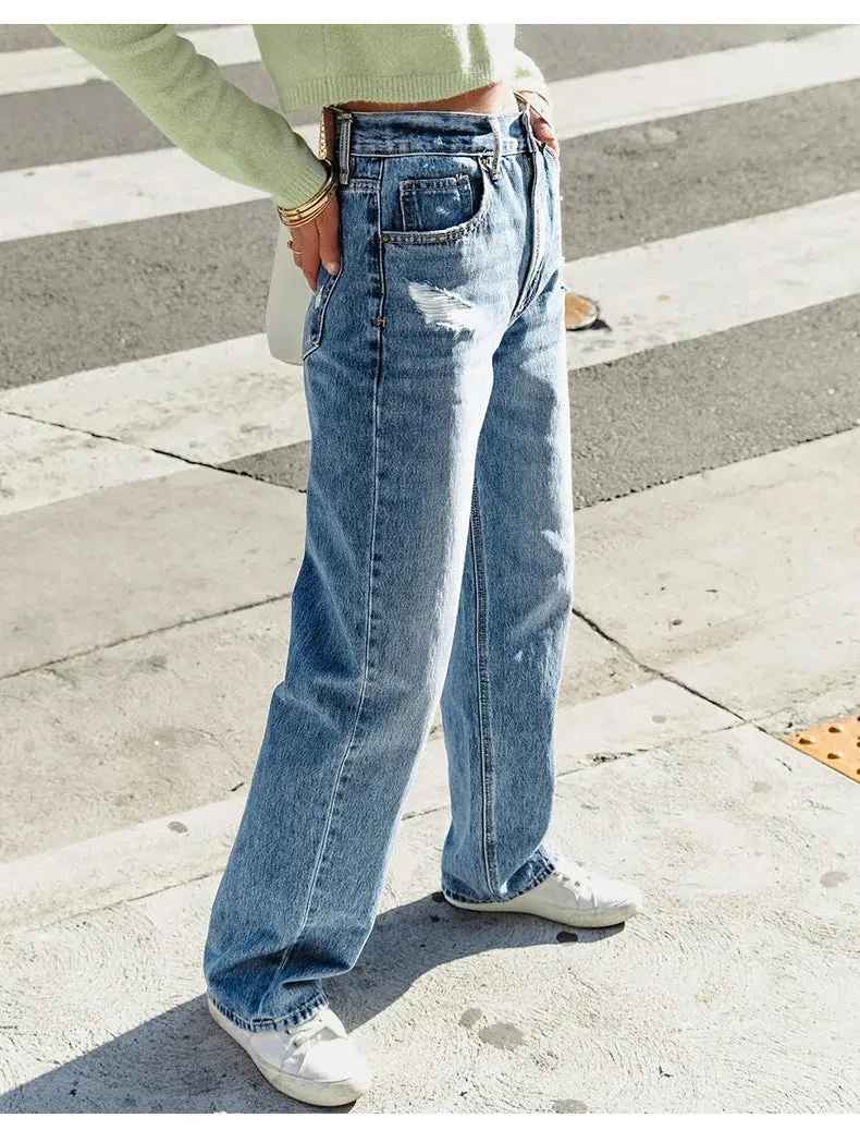 Amy Fashion - 2024 Stretch Women's Casual Ripped Wide Leg For Women Vintage High Waist Easymatch Straight Jean
