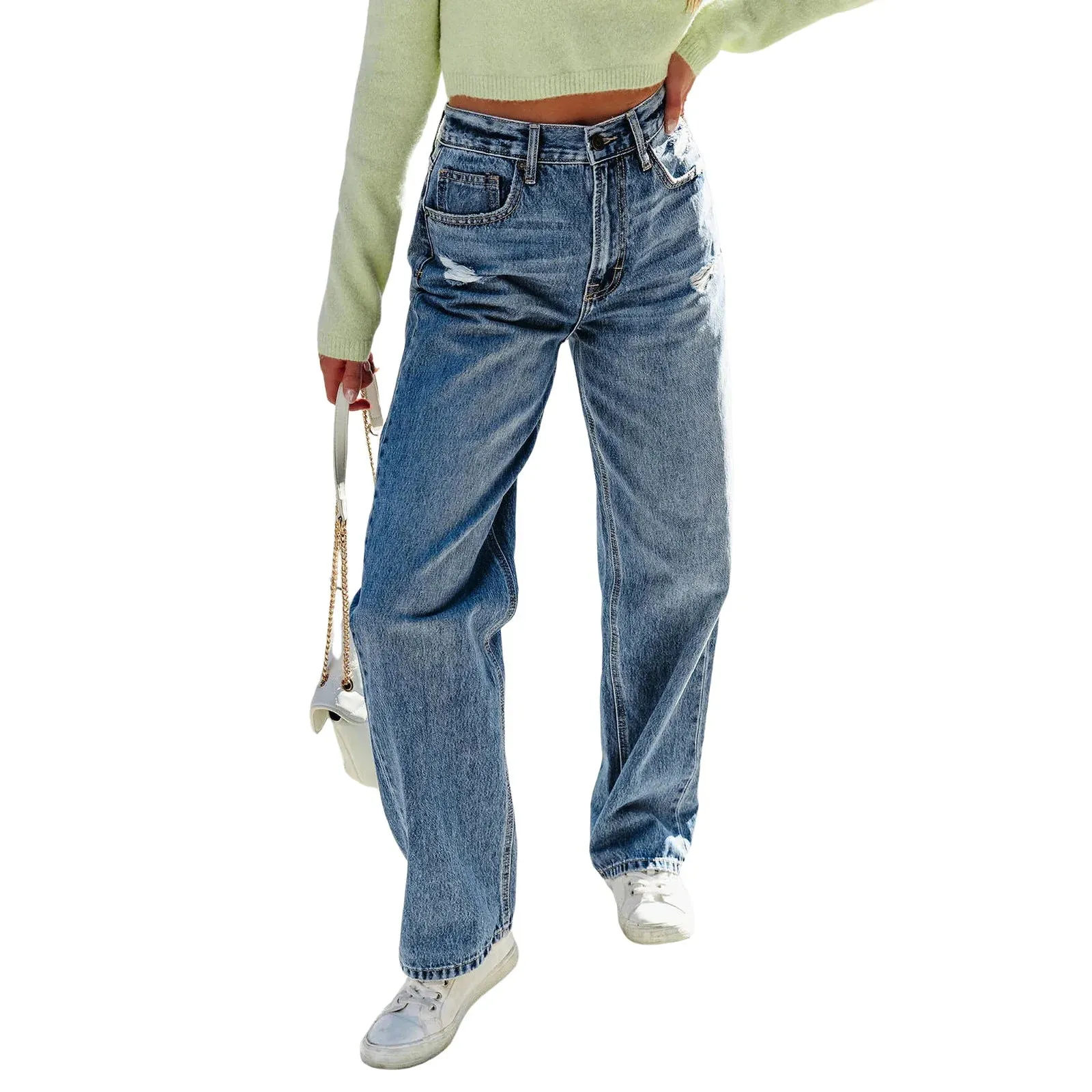 Amy Fashion - 2024 Stretch Women's Casual Ripped Wide Leg For Women Vintage High Waist Easymatch Straight Jean