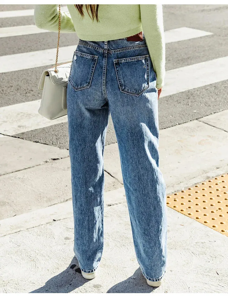 Amy Fashion - 2024 Stretch Women's Casual Ripped Wide Leg For Women Vintage High Waist Easymatch Straight Jean
