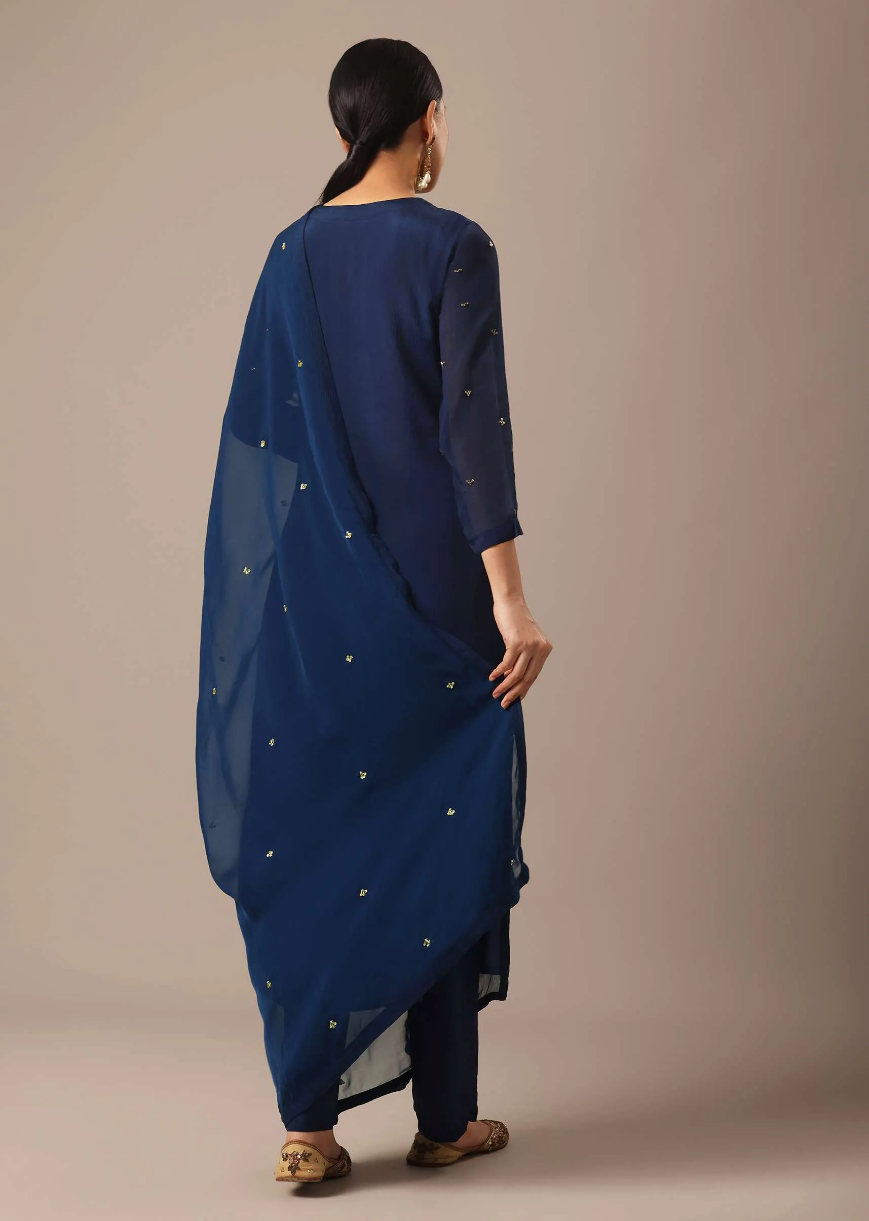 Blue Slim Fit Hand Embroidered Kurta Set With Sequin Work