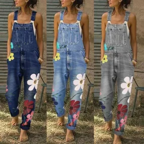 Daisy Painted Overalls Dark Denim Faded Or Gray Boho Jeans Jumpsuit Romper Available In Sizes Small Medium Large XL And Plus Sizes 2X 3X 4X And 5X