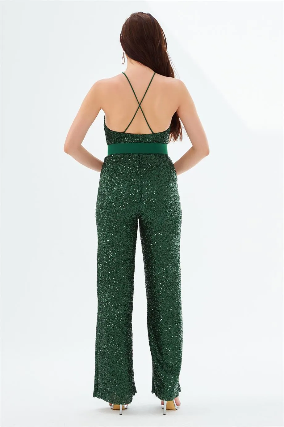 Emerald Sequined Belted Long Jumpsuit