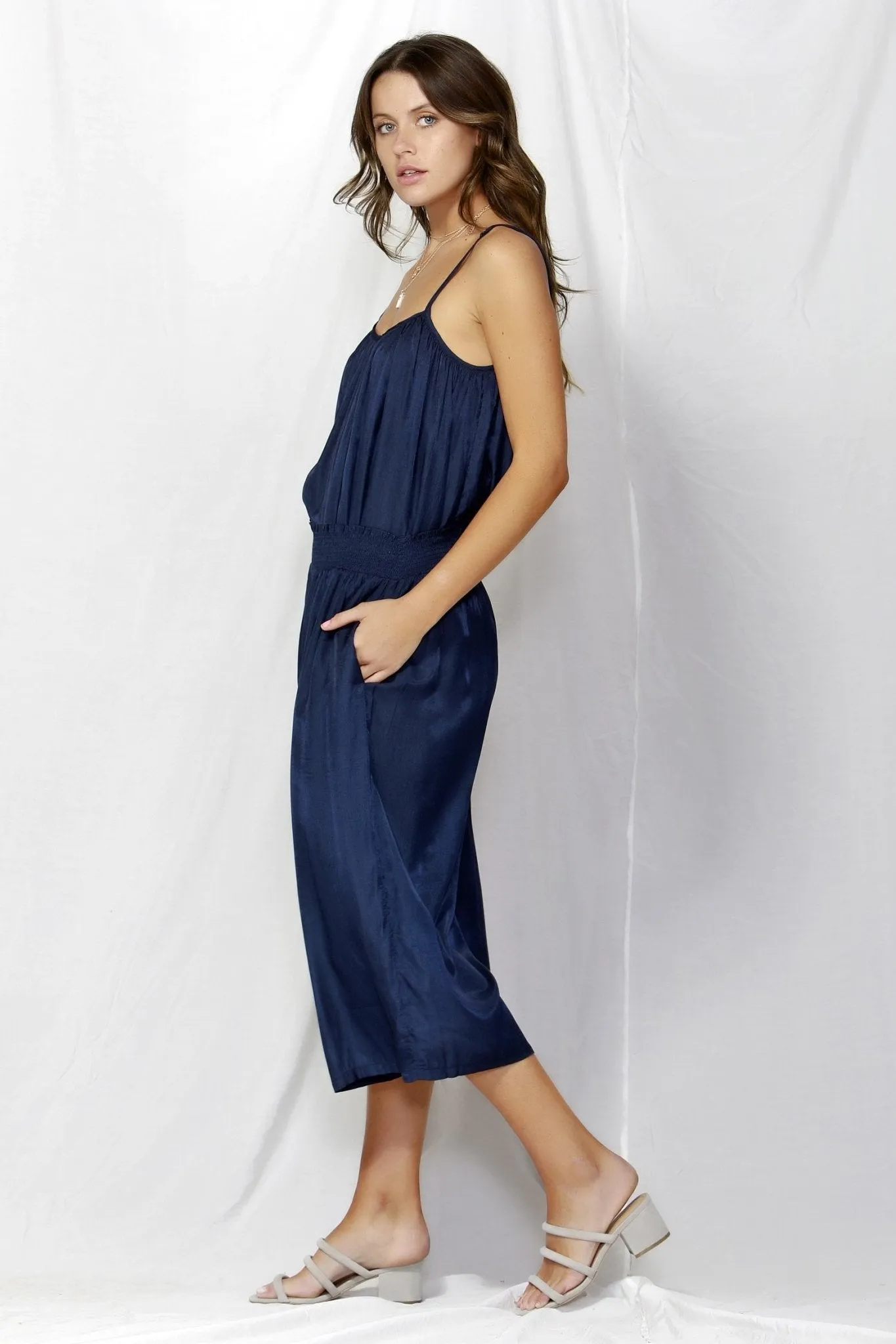Fate   Becker So Me Shirred Waist Culottes in Navy
