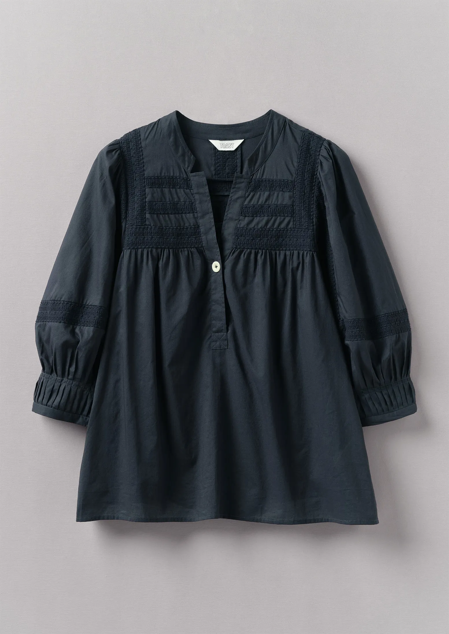 Gathered Sleeve Embroidered Cotton Shirt | Slate