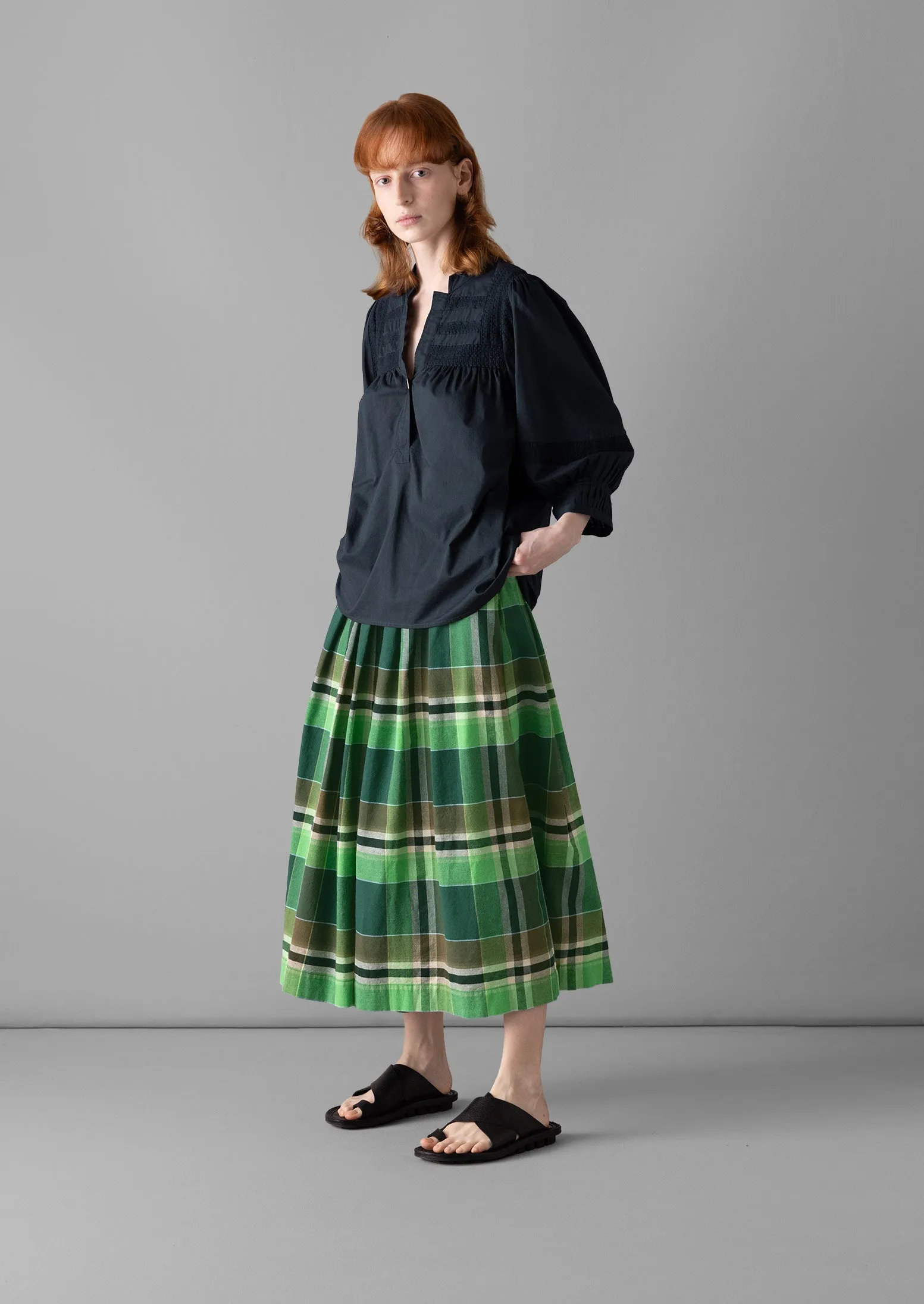 Gathered Sleeve Embroidered Cotton Shirt | Slate