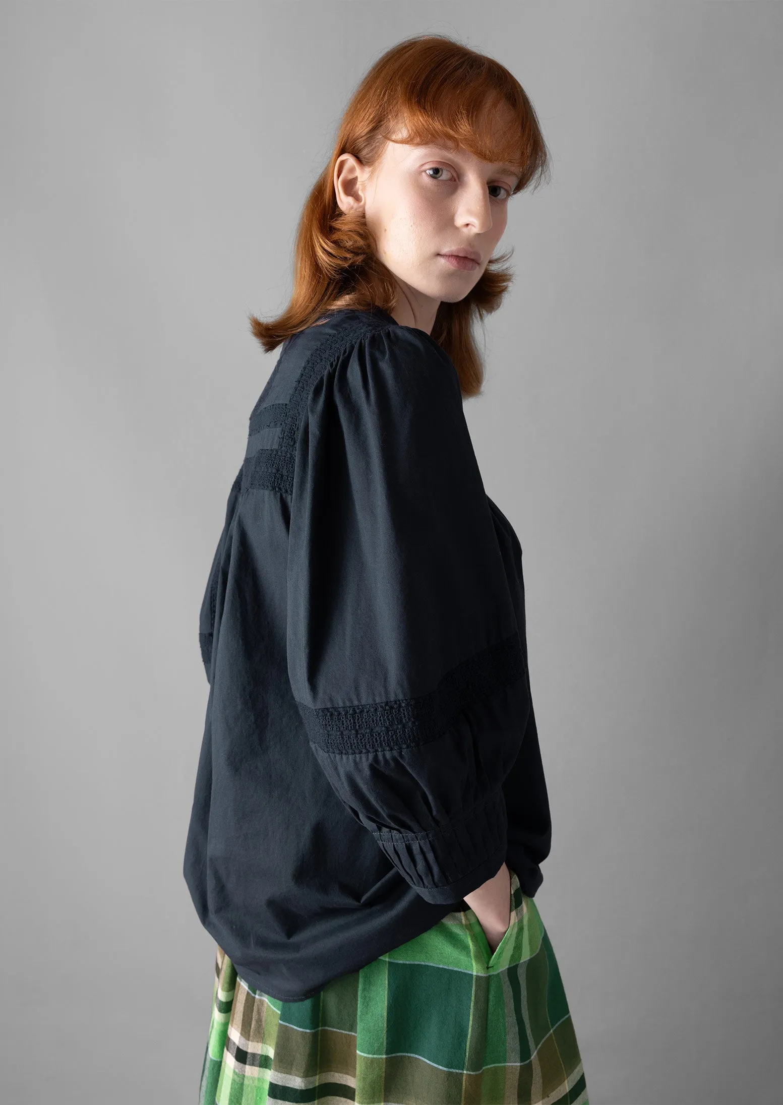 Gathered Sleeve Embroidered Cotton Shirt | Slate