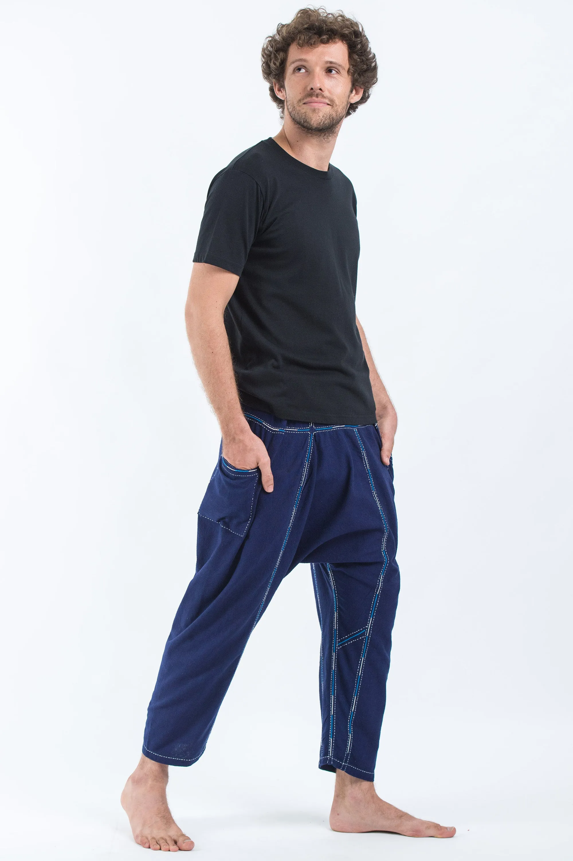 Hand Embroidered Men's Slim Cut Fisherman Pants in Navy