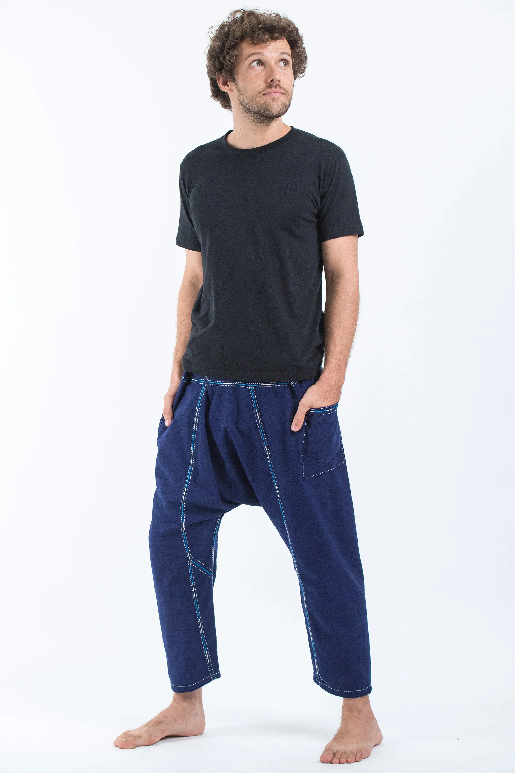 Hand Embroidered Men's Slim Cut Fisherman Pants in Navy