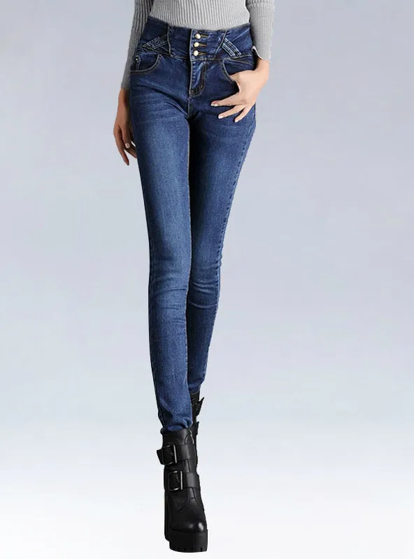 High Waist Button Fly Over Length Skinny Jeans