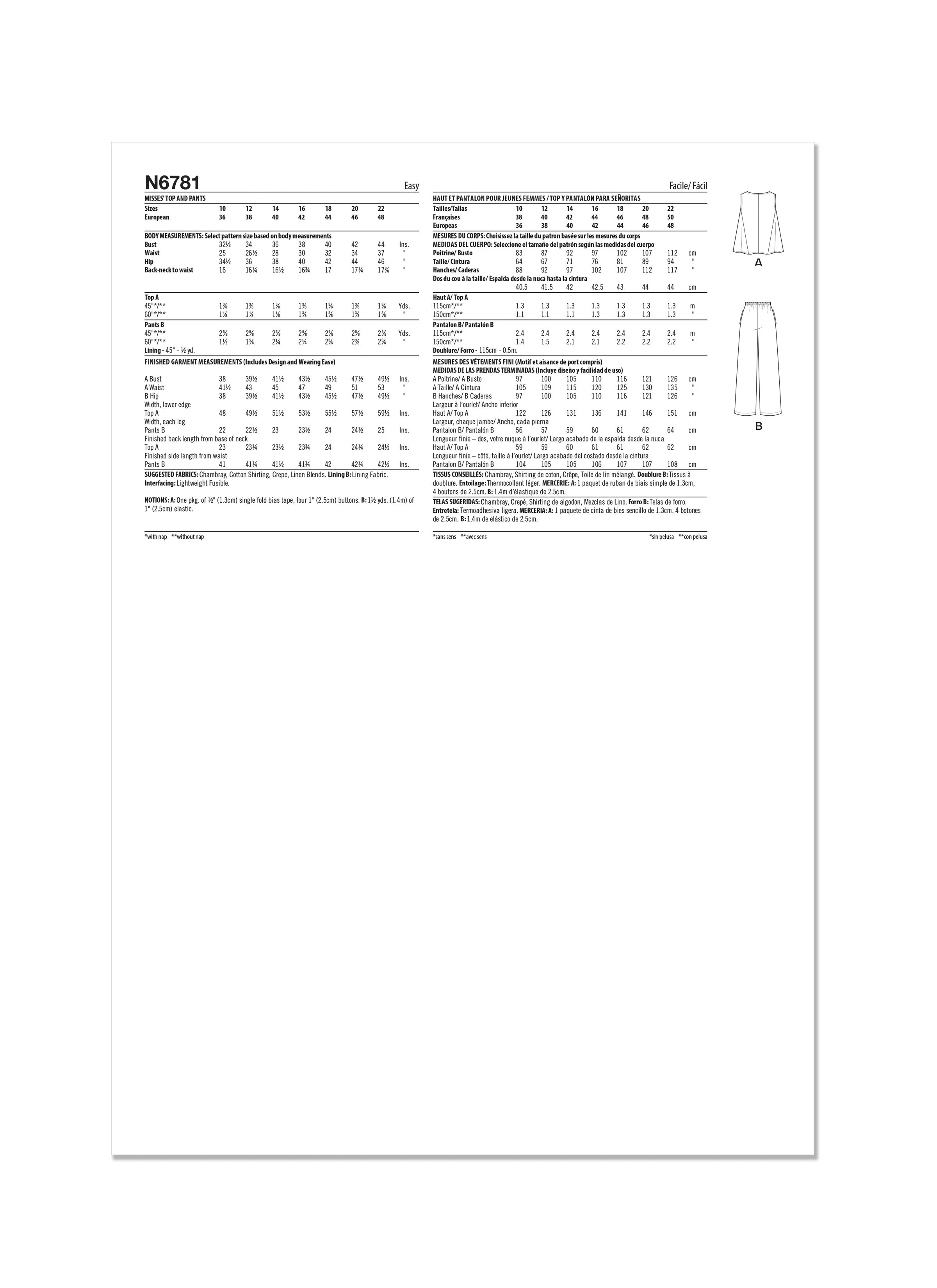New Look Sewing Pattern N6781 - Misses' Top and Pants
