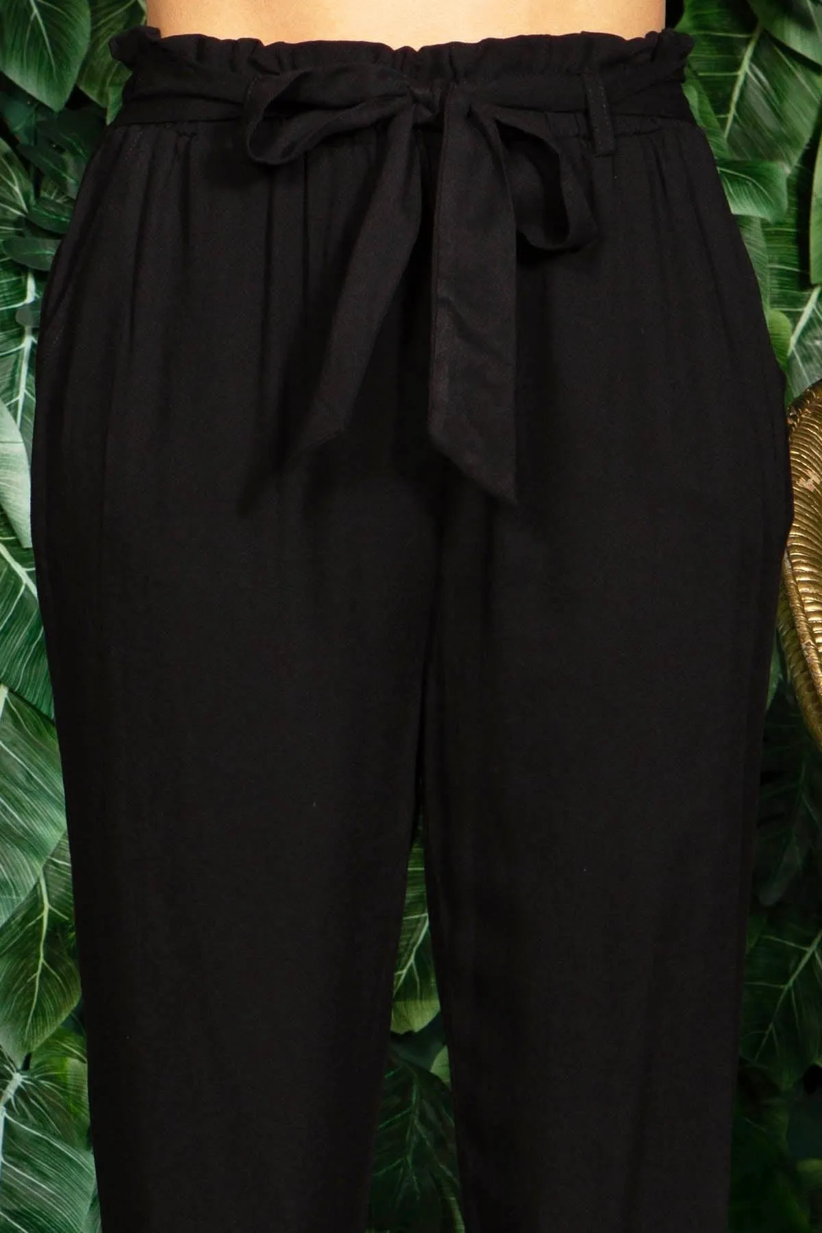 Paperbag Waist Loose Fit Pants With Self Tie And Pockets - Black