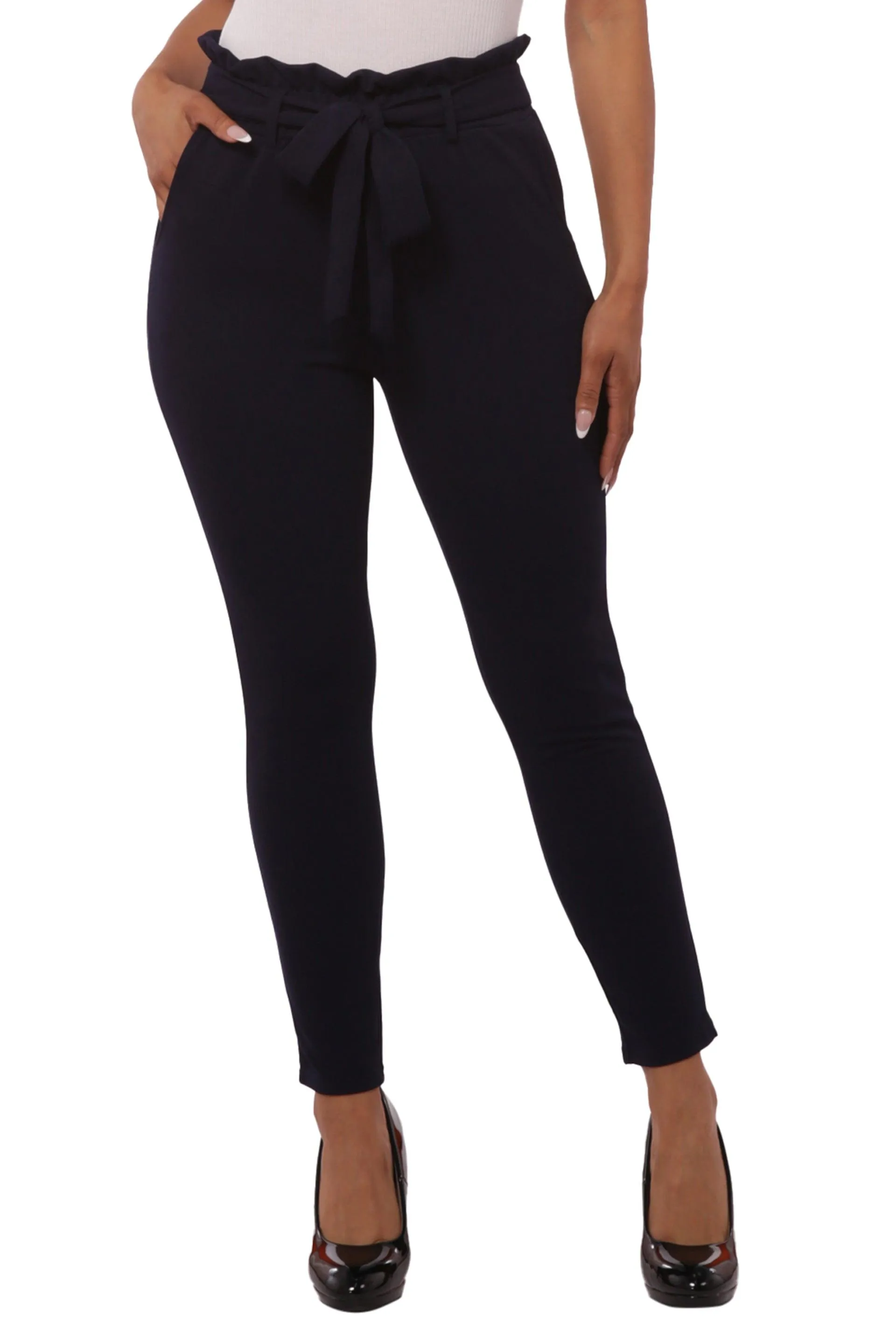 Paperbag Waist Slim Fit Pants With Self Tie - Navy