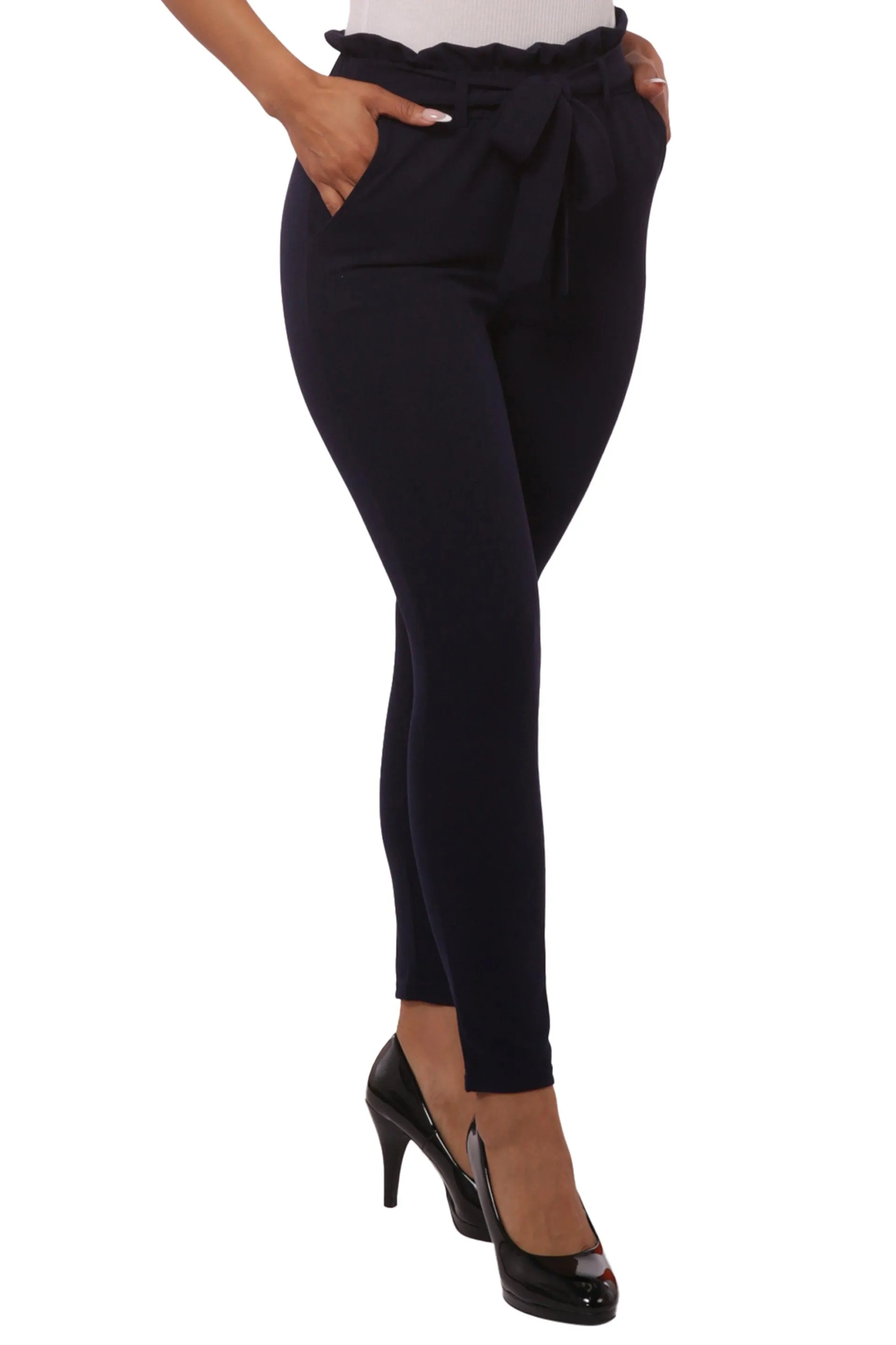 Paperbag Waist Slim Fit Pants With Self Tie - Navy