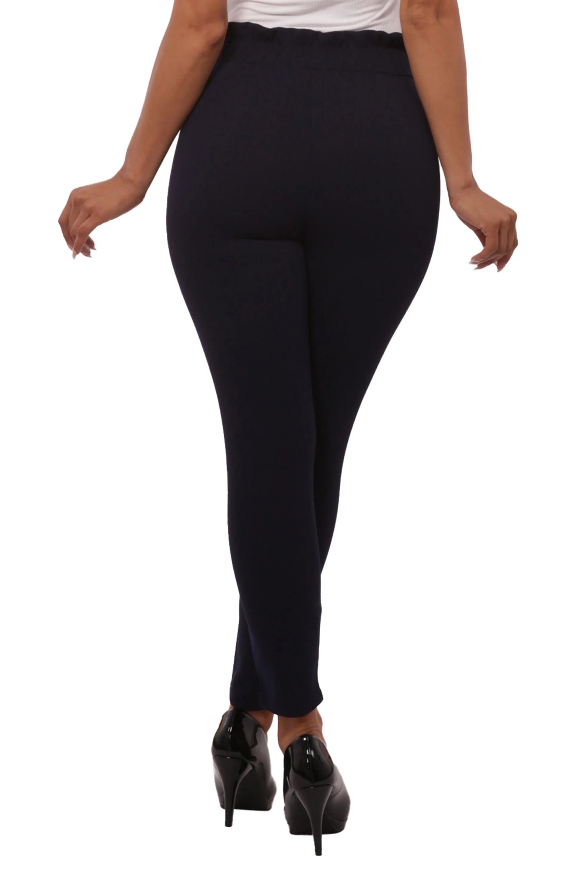 Paperbag Waist Slim Fit Pants With Self Tie - Navy