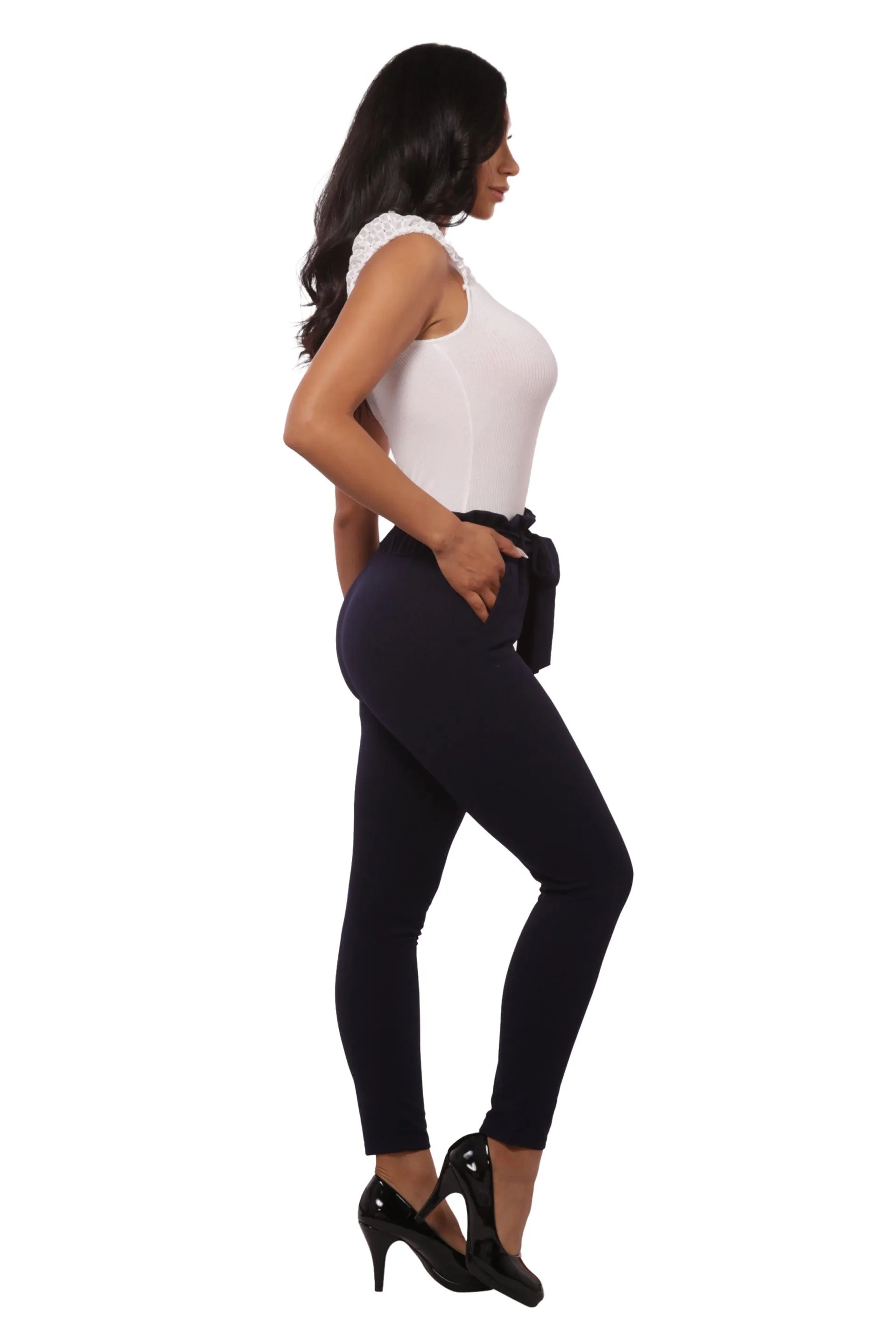 Paperbag Waist Slim Fit Pants With Self Tie - Navy