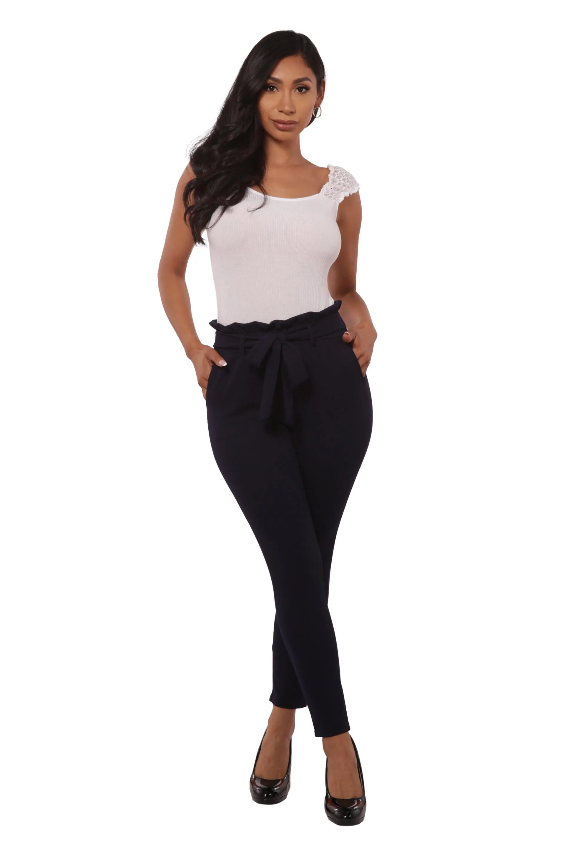 Paperbag Waist Slim Fit Pants With Self Tie - Navy