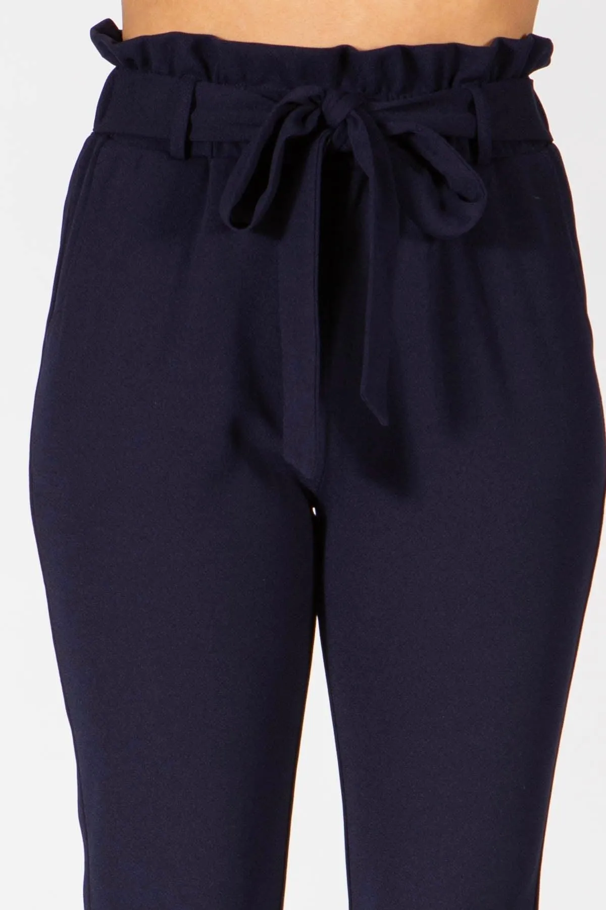 Paperbag Waist Slim Fit Pants With Self Tie - Navy