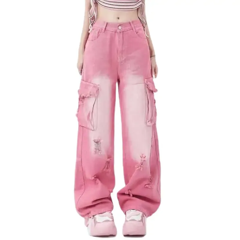 Pink Jeans Hip Hop Style High Waist Wide Leg Straight Pants