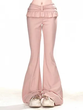Pink Ruffled Trim Slim Fit Flare Pants