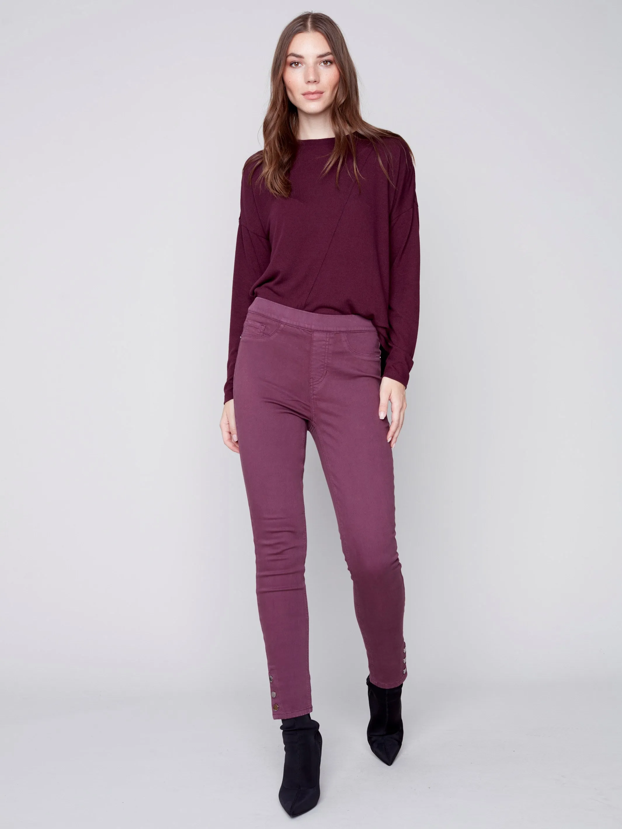 Pull-On Twill Pants with Snap Button Hem - Port