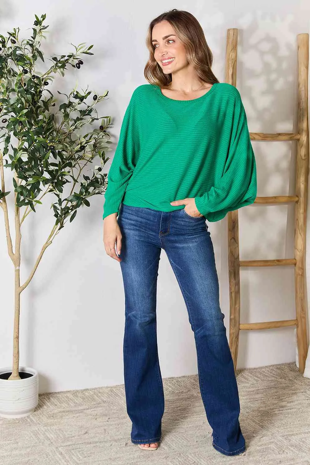 Round Neck Batwing Sleeve Blouse in Mid-Green