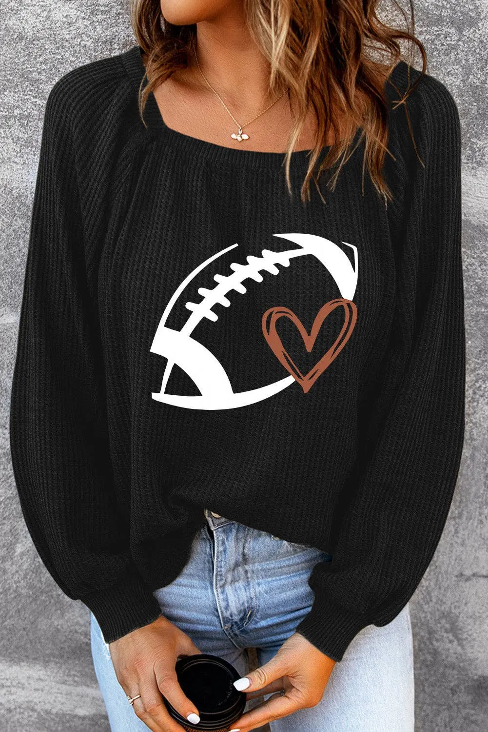 Rugby Print Square Neck Puff Sleeve Waffle Top: Black / 95%Polyester 5%Elastane / S