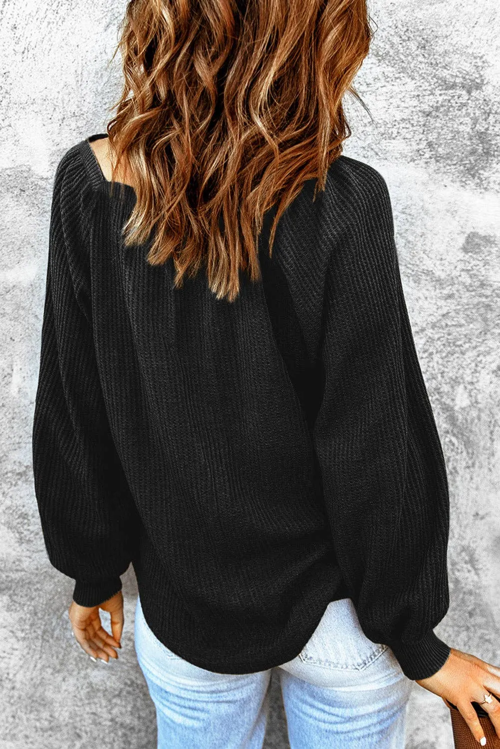 Rugby Print Square Neck Puff Sleeve Waffle Top: Black / 95%Polyester 5%Elastane / S