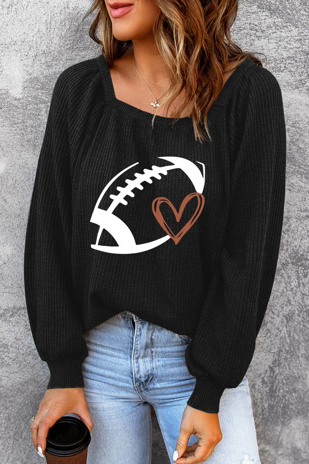 Rugby Print Square Neck Puff Sleeve Waffle Top: Black / 95%Polyester 5%Elastane / S