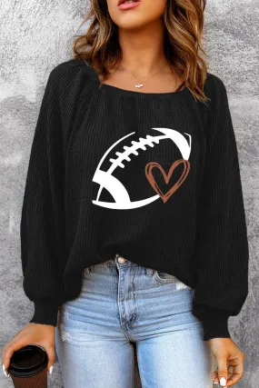 Rugby Print Square Neck Puff Sleeve Waffle Top: Black / 95%Polyester 5%Elastane / S
