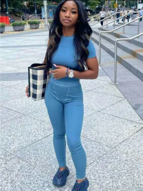 Slim Fit Short Sleeve Top Pants Suit
