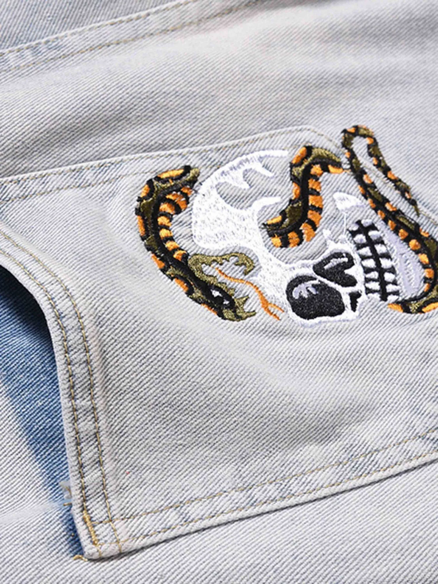 Sneakerhill Skull Flame Monogram Embroidered Slim Fit Jeans