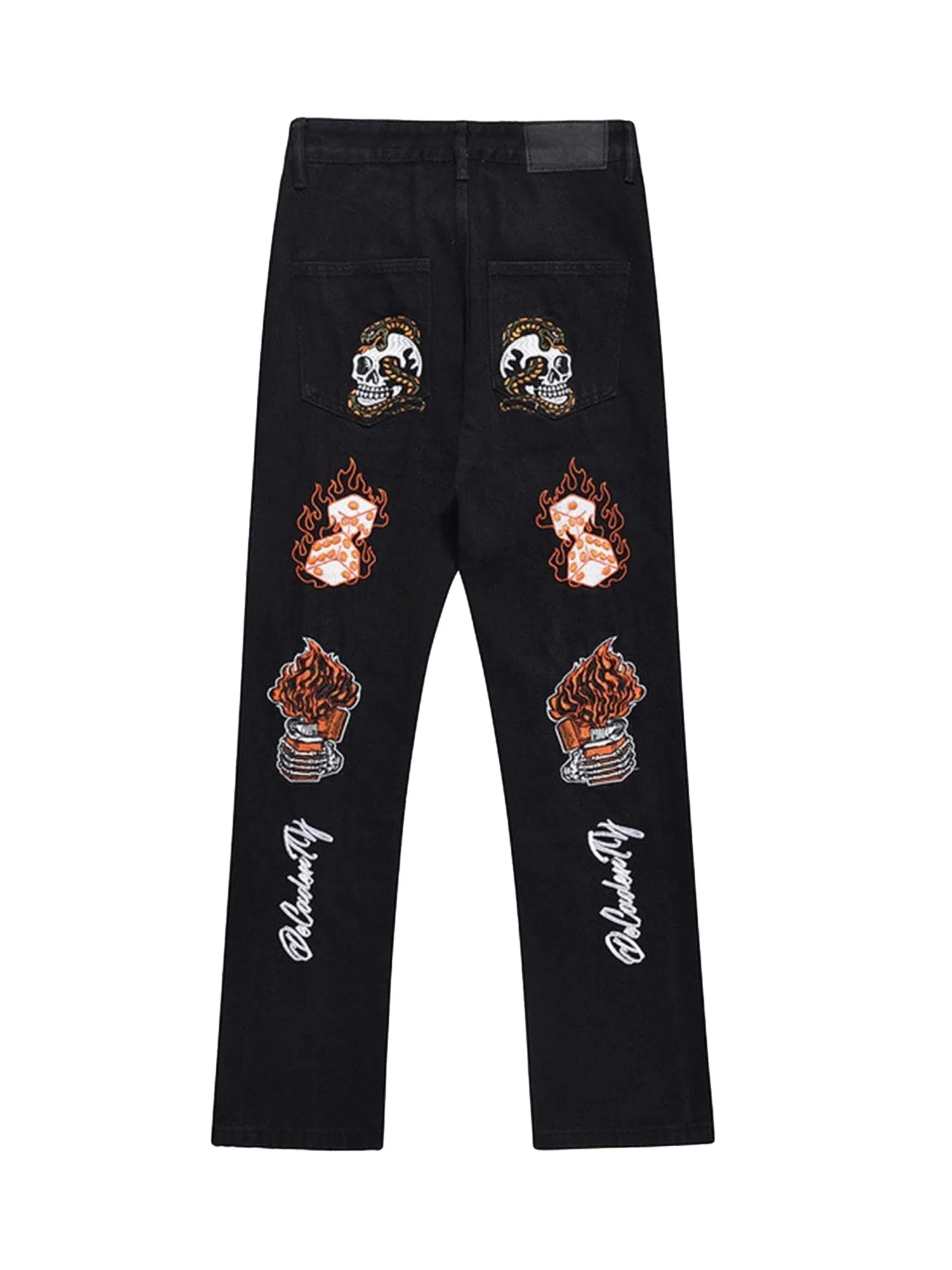 Sneakerhill Skull Flame Monogram Embroidered Slim Fit Jeans