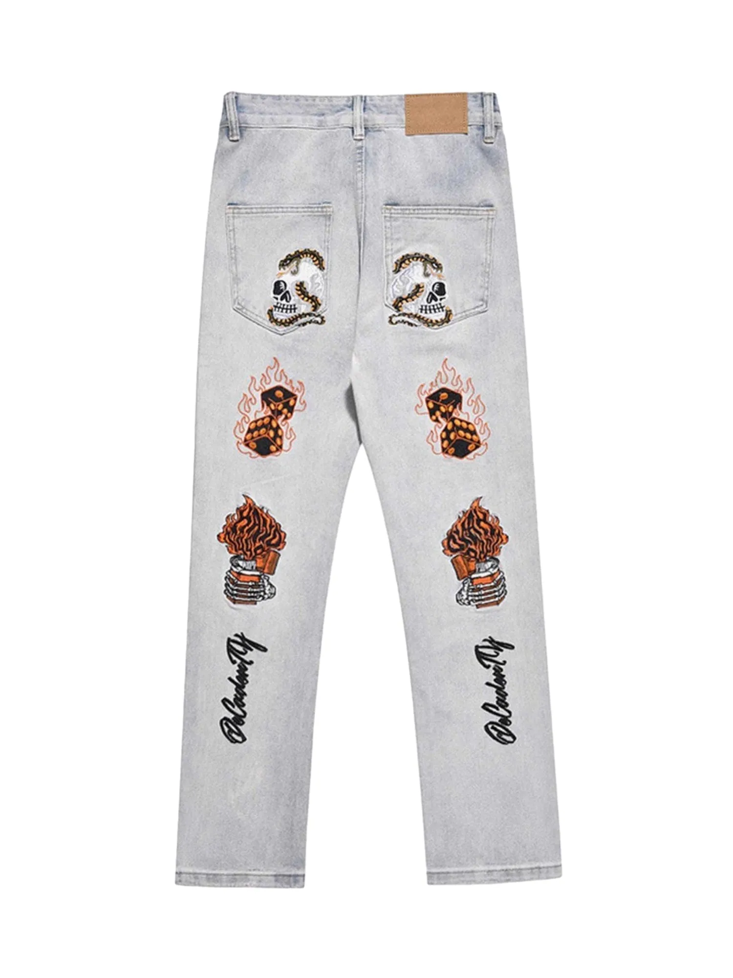 Sneakerhill Skull Flame Monogram Embroidered Slim Fit Jeans