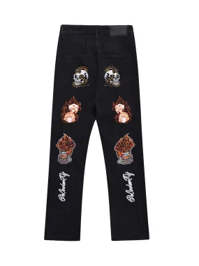 Sneakerhill Skull Flame Monogram Embroidered Slim Fit Jeans