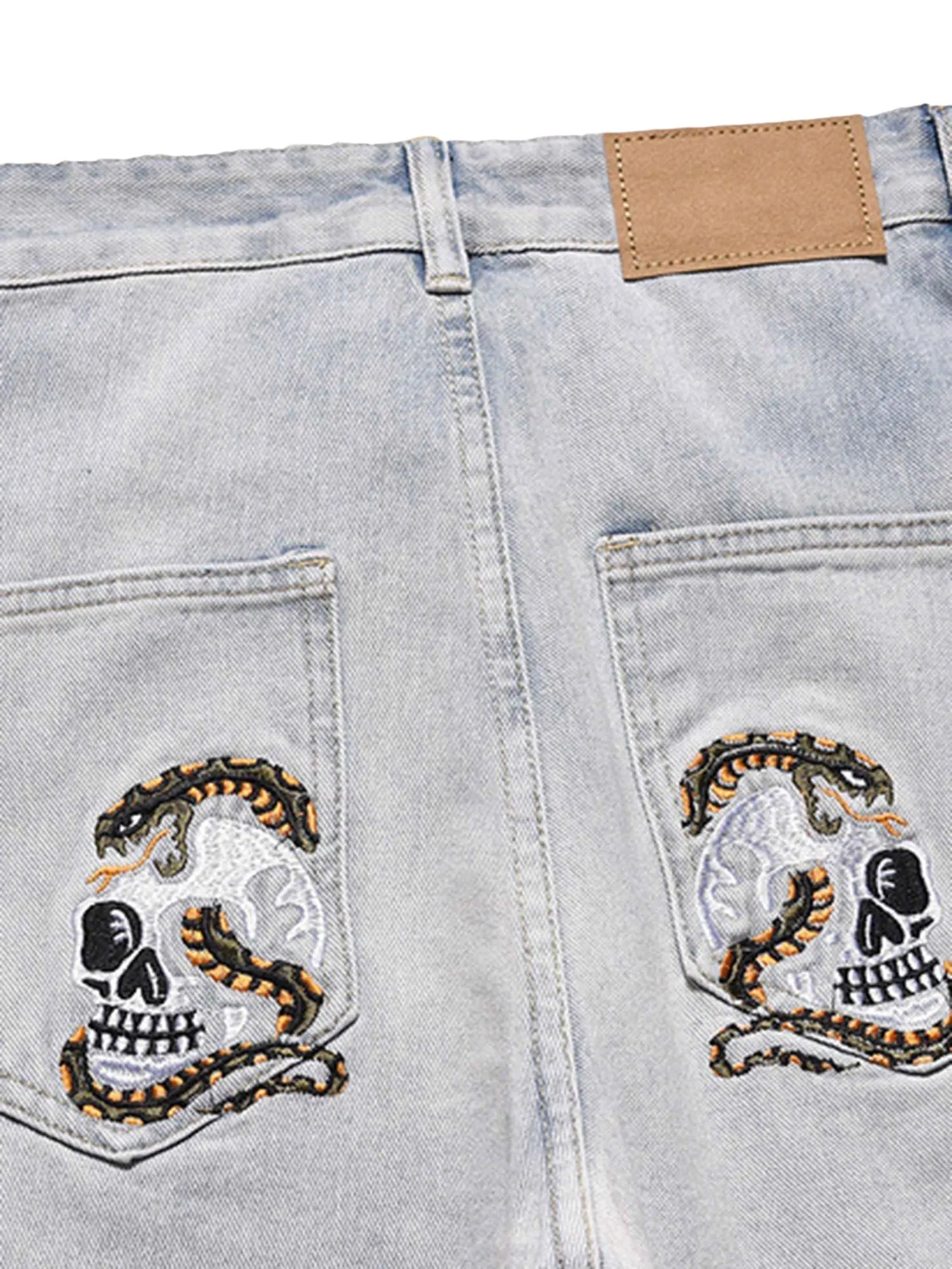 Sneakerhill Skull Flame Monogram Embroidered Slim Fit Jeans
