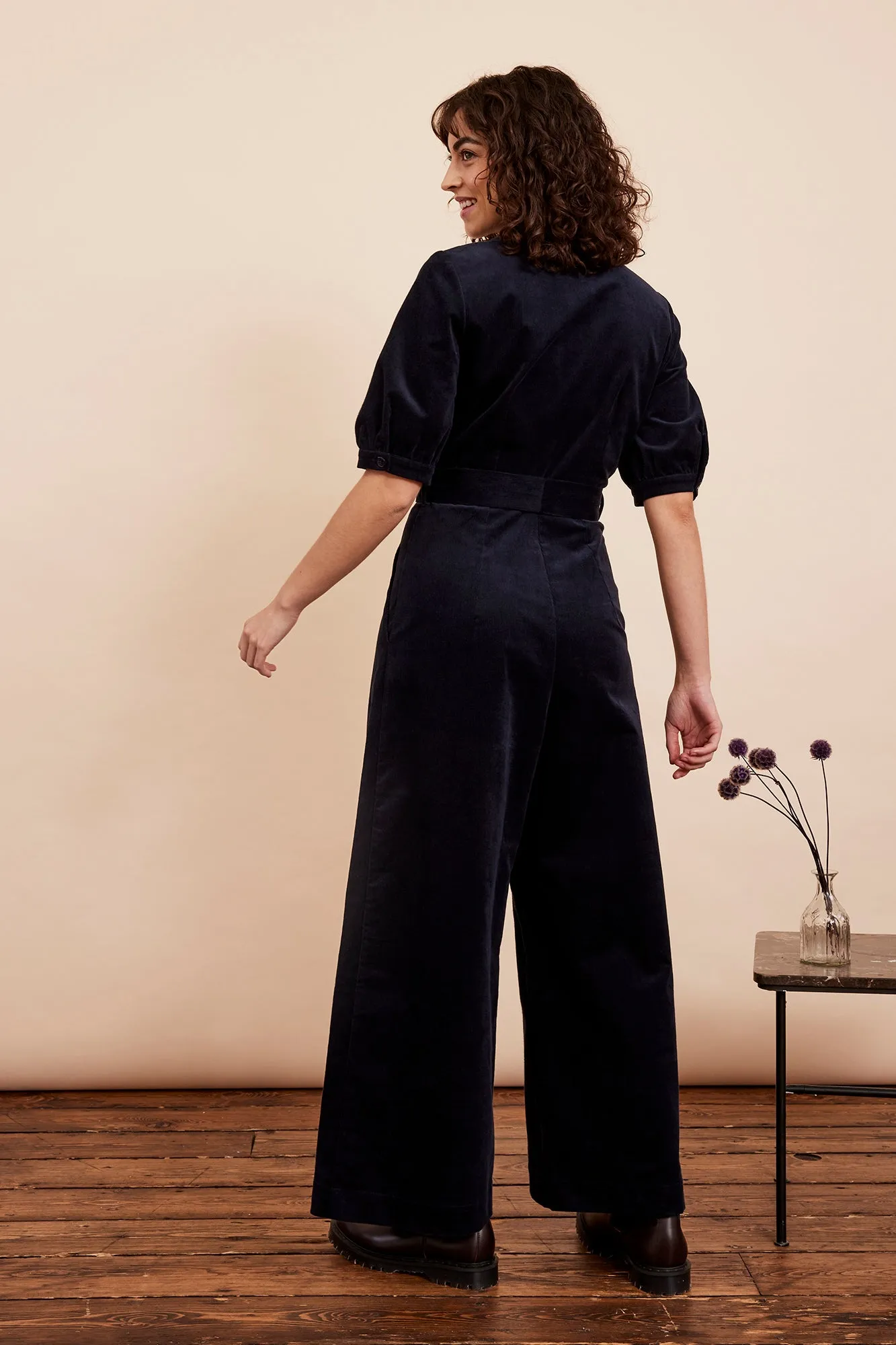 Long Navy Black Stella Needlecord Jumpsuit with Adjustable Straps and Flattering Fit