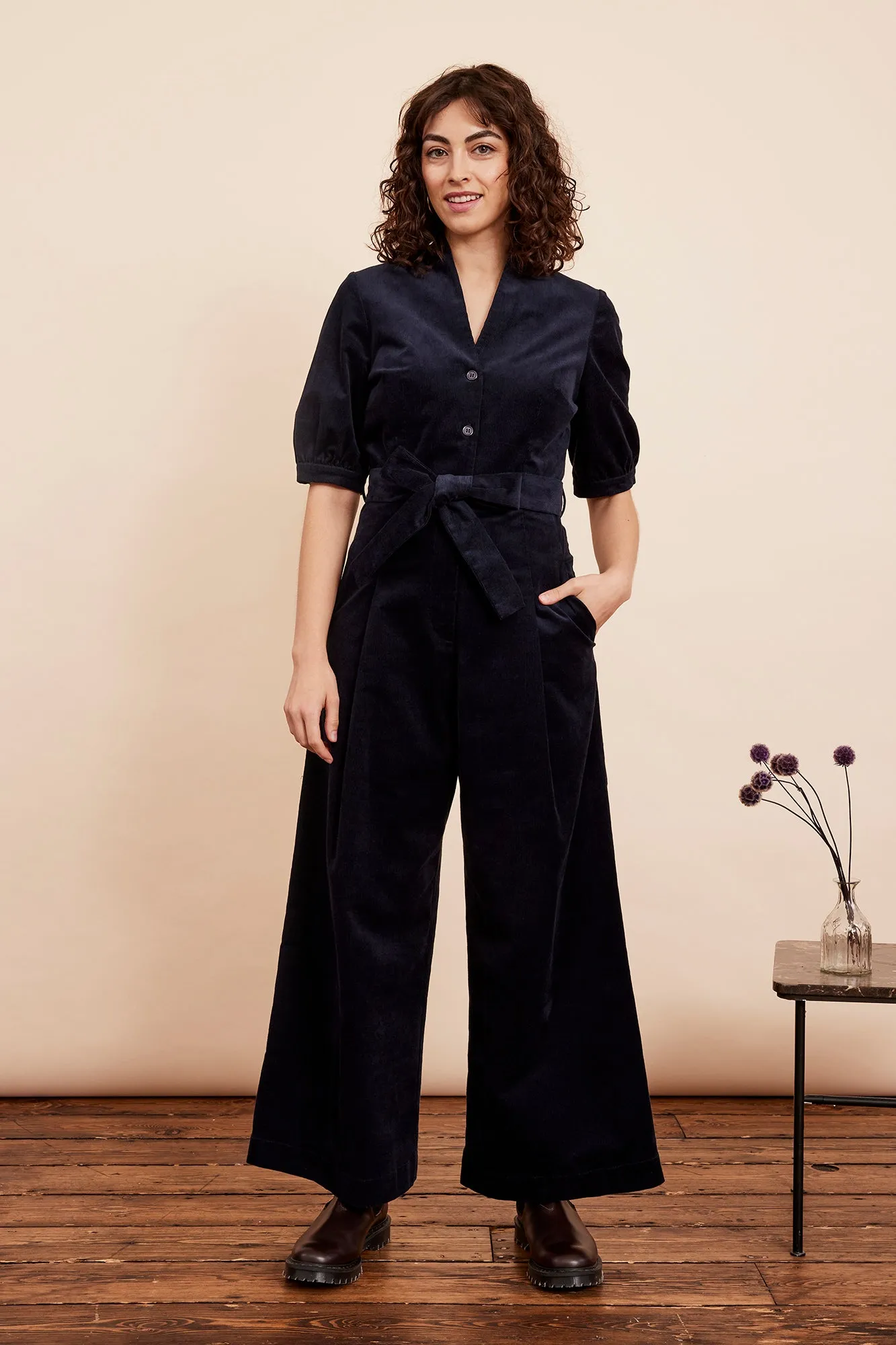 Long Navy Black Stella Needlecord Jumpsuit with Adjustable Straps and Flattering Fit