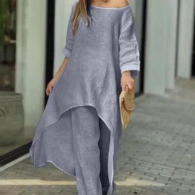 Summer Casual Loose Solid Blouse T-shirt Wide Leg Pants Suit Outfits 2 Piece Set 002528006