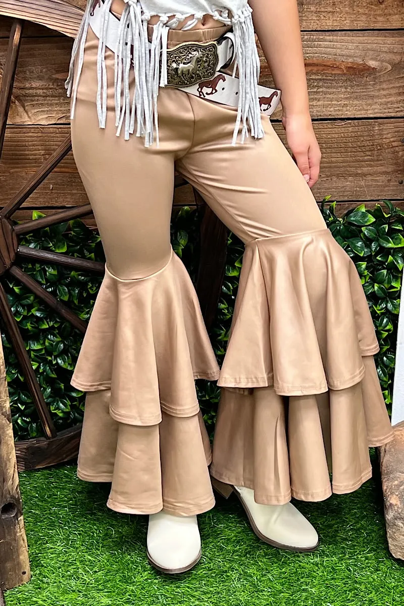 Tan faux leather double layer bell pants. PNG25153111 AMY