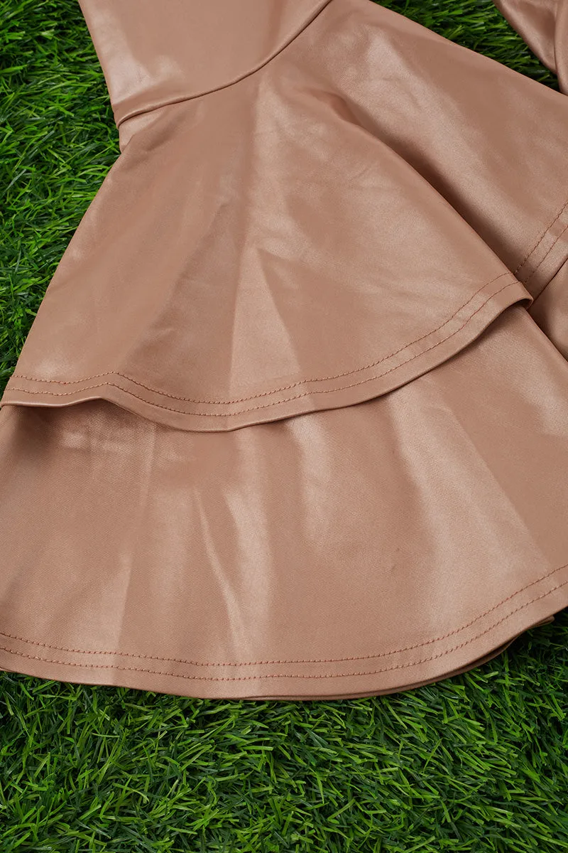 Tan faux leather double layer bell pants. PNG25153111 AMY