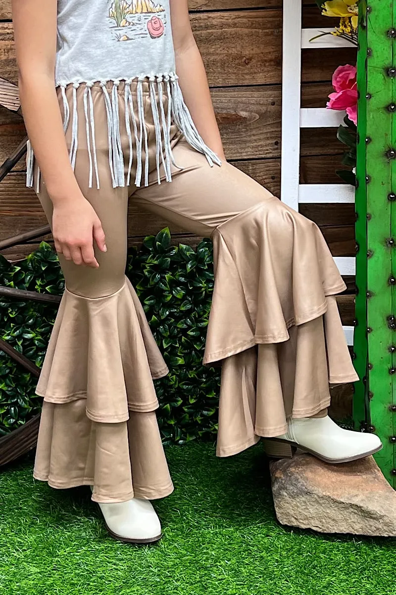 Tan faux leather double layer bell pants. PNG25153111 AMY