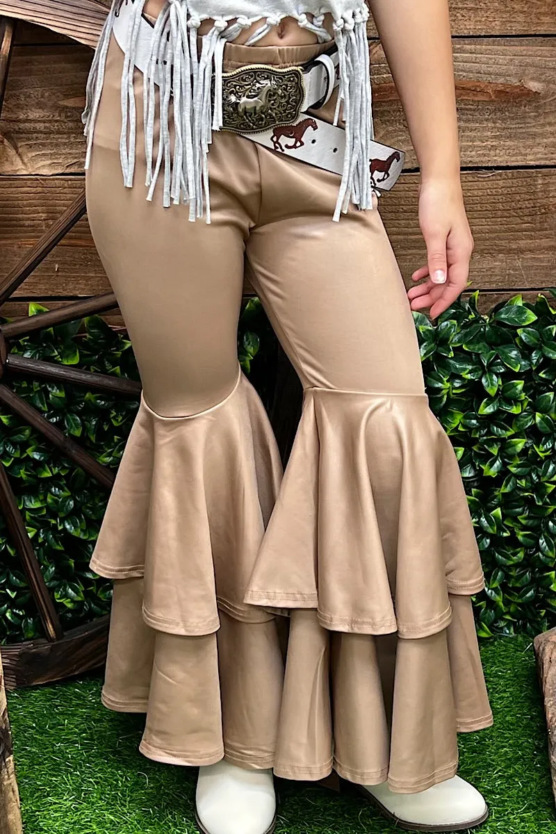 Tan faux leather double layer bell pants. PNG25153111 AMY