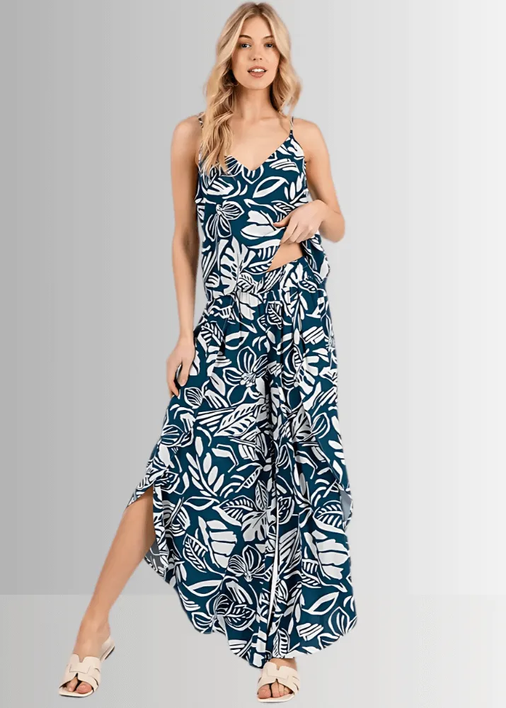 Tropical Teal Split Front Flowy Pants