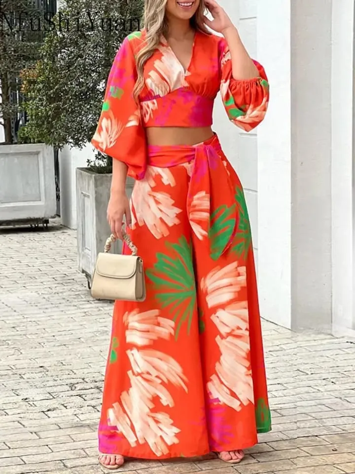 Vacation Floral Women Two Piece Set Fashion V Neck Long Lantern Sleeve Print Loose Wide Legs Pants With Pockets Sets High Street B-20241