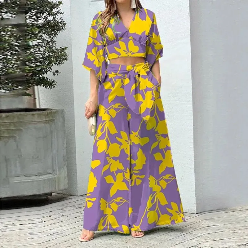 Vacation Floral Women Two Piece Set Fashion V Neck Long Lantern Sleeve Print Loose Wide Legs Pants With Pockets Sets High Street B-20241